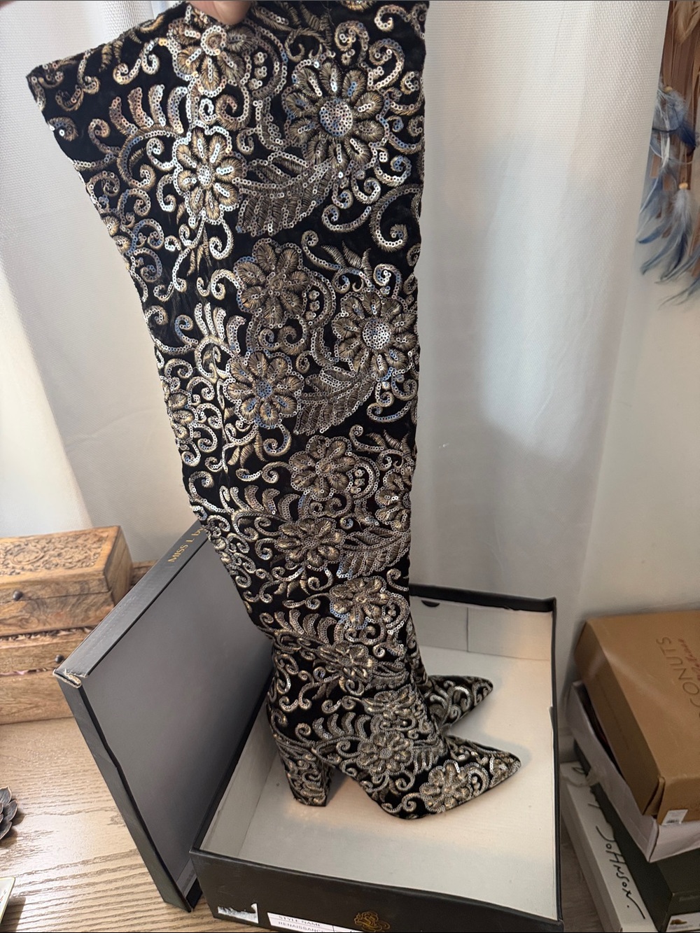 Miss L by Liliana- Embroidered Black & Gold Over-the-Knee pointy Boots